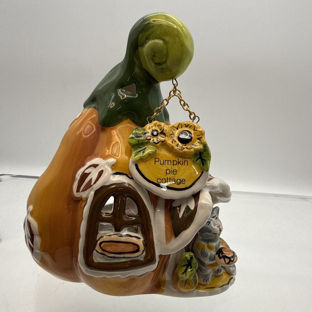 Blue Sky Clayworks Pumpkin Pie Cottage Cat Kitty House Tealight Candle Holder